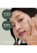 Woman applying cream to her face with skincare benefits highlighted