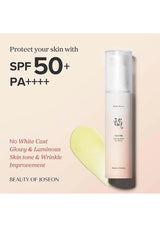 Beauty product with SPF 50+ text on a beige background