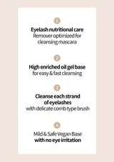 Text detailing eyelash nutritional care product features on a beige background