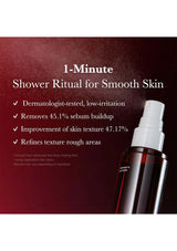Skincare product with text about a 1-minute shower ritual for smooth skin on a dark background