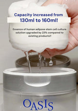 Person pouring a white liquid into a container labeled 'OASIS' with text about capacity increase and product upgrade.