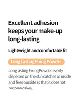 Text describing long-lasting fixing powder with a white background