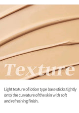 Close-up of a light beige lotion texture with text describing its application on skin.