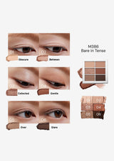 Makeup swatches and color options for eye makeup on a white background