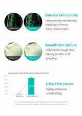 Cosmetic product packaging with before and after effects on skin, including text about skin density, texture, and cheek lifting.