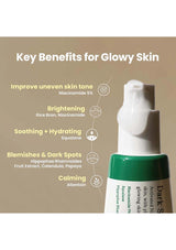 Skincare product with key benefits for glowing skin on a beige background