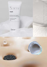 Snow mask packaging with close-up of mask texture and ingredients.