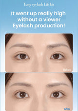 Before and after comparison of eyelash lift with text about eyelash production.