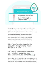 Cosnori Whitening Dress Tone-Up Cream with awards and product details on a white background
