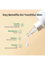 Diagram of key benefits for youthful skin with a dropper and liquid on a beige background