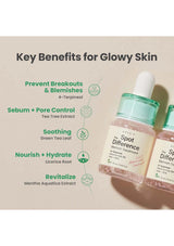 Skincare product with text highlighting key benefits for glowing skin on a beige background