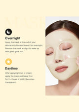 Skincare mask application instructions with a person wearing a mask on a beige background