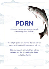 Advertisement for PDRN, a substance extracted from salmon reproductive cells, with a fish illustration on a white background.
