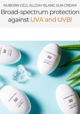 Nuborn Cell AllDay Blanc Sun Cream with broad-spectrum protection against UVA and UVB on a light blue background.