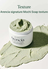Arencia signature Mochi Soap texture with a jar of soap and soap slabs on a light background