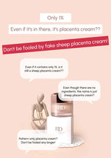 Cosmetic product with text warning about fake sheep placenta cream on a pink background