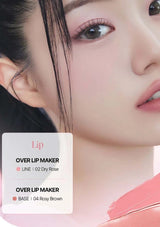 Close-up of a person's face with makeup products labeled 'Over Lip Maker' on a white background.