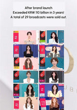 Grid of promotional images with a woman, text about brand launch and sales figures, on a light gray background.