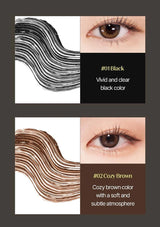 Eyelash color swatches with close-up of eyes wearing the lashes, labeled '#01 Black' and '#02 Cozy Brown'.