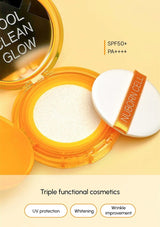 Compact cosmetic product with SPF50+ label on a yellow background