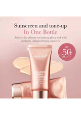 Collagen firming sunscreen bottle with pink packaging on a light pink background