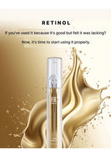 Retinol skincare product with gold liquid splash on a beige background