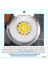 Close-up of a shower filter with a yellow interior and white exterior, featuring a five-star rating and customer review text.