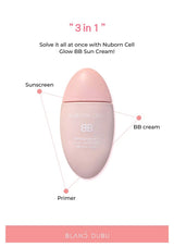 Nuborn Cell BB Sun Cream bottle with features labeled on a white background