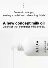 AIDA milk and oil cleanser bottle with text on a white background