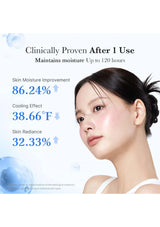 Woman with text indicating clinically proven benefits after one use of a skincare product.