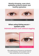 Before and after comparison of eyelashes with text on using tinting serum and eyelash curler.