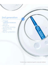 Blue cosmetic capsule with 'ALDA' branding on a glass surface, labeled as '2nd generation' with text about moisture benefits.