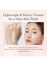 Product swatch with a hand applying cream and a person wearing it, on a light pink background.