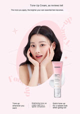 Woman applying cream with Cosrx tone-up cream tube on a pink background