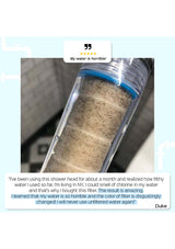 Shower head filter with accumulated dirt and a review text overlay.