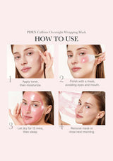 Instructions on how to use a PDRN Caffeine Overnight Wrapping Mask with step-by-step images.