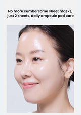 Woman with a smooth face after using skincare products, text about sheet masks and ampoule pads.