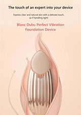 Blanc Dubu Perfect Vibration Foundation Device on a beige background with text about skin expression.