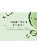 Advertisement for a skincare product with green droplets and text about lightweight texture.