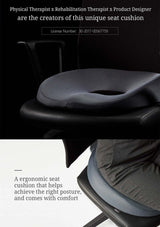 Ergonomic seat cushion on a chair with text about creators and features.