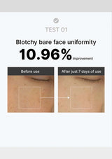 Before and after skin improvement test showing 10.96% reduction in blotchy bare face uniformity.