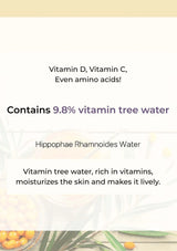 Text about vitamin content and Hippophae Rhamnoides Water on a light background