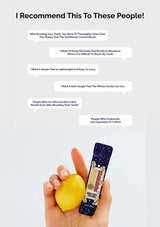 Hand holding a lemon and a toothbrush with text about product uses on a light gray background