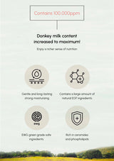 Product advertisement highlighting donkey milk content and benefits with a scenic background.