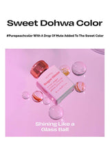 Pink cosmetic product with transparent droplets on a pink background, featuring the brand 'Sweet Dohwa Color'.