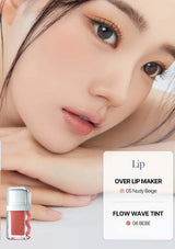 Close-up of a woman's face with makeup products labeled 'Over Lip Maker' and 'Flow Wave Tint'.
