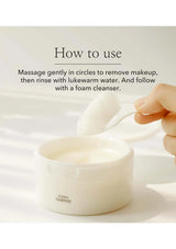 Foam cleanser with a spoon and text on how to use it, on a white background.