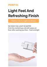 Product packaging with text highlighting light feel and refreshing finish, showing a hand holding the product.