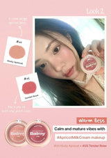 Product advertisement for Balmy makeup with a model and color swatches on a pink background