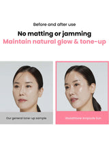 Before and after comparison of a woman's face with text highlighting product effects on skin.